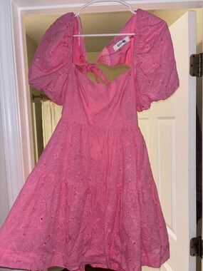 DO+BE Pink Eyelet Puff-Sleeve Tie-Back Dress